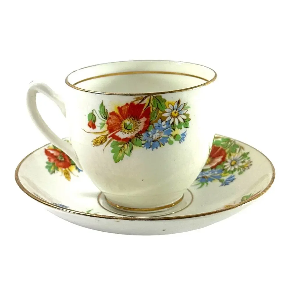Duchess Bone China England Teacup Saucer Set Wildflower Poppy Gold Trim